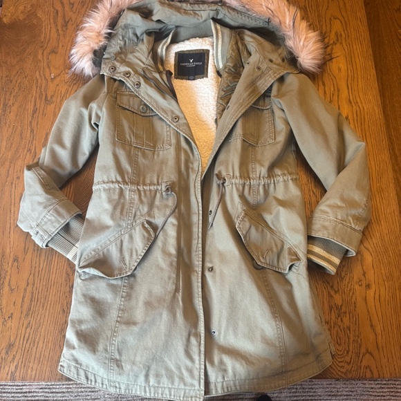 American Eagle green Utility Jacket Pink Fur Hood Parka Sherpa Y2K 00s coat - Picture 2 of 13